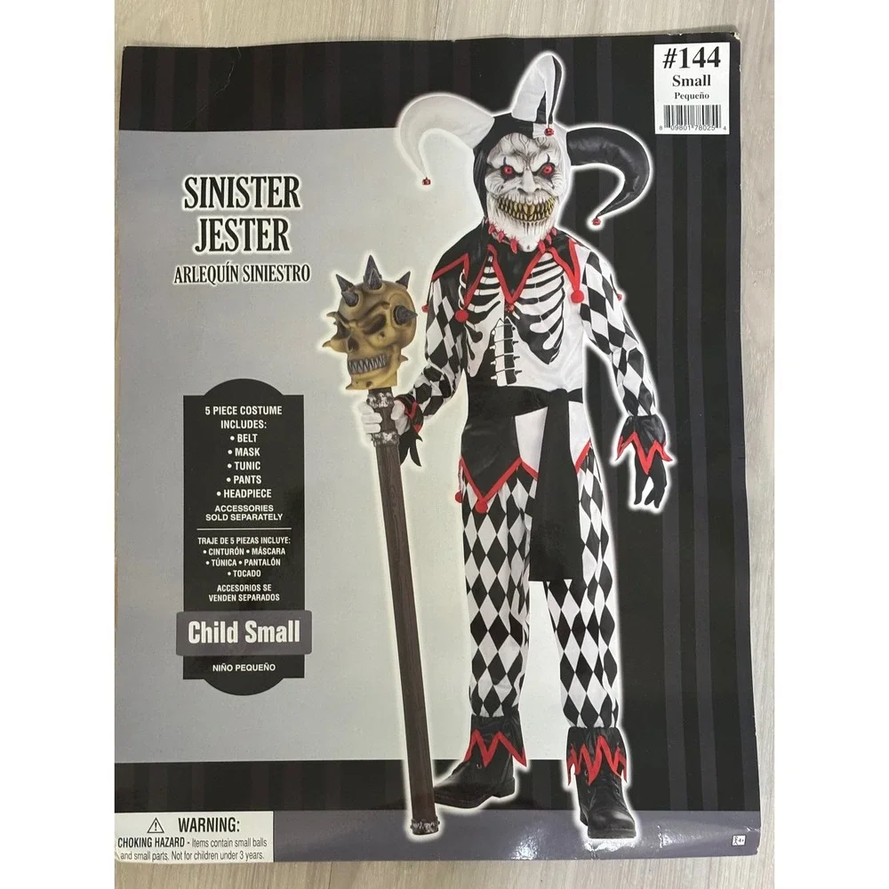Sinister Jester Halloween Costume Boys Size Small 4-6 Harlequin 5 Piece Party